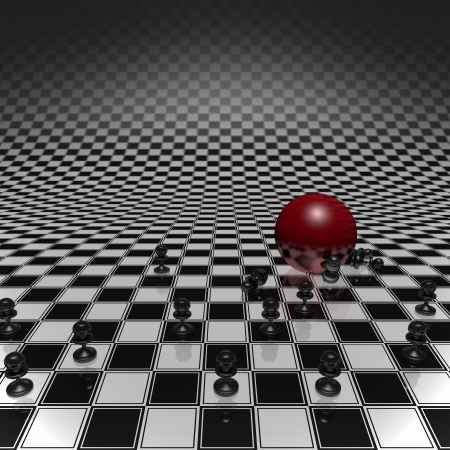 Set pawns and red ball on a chessboard infinitely largeの写真素材