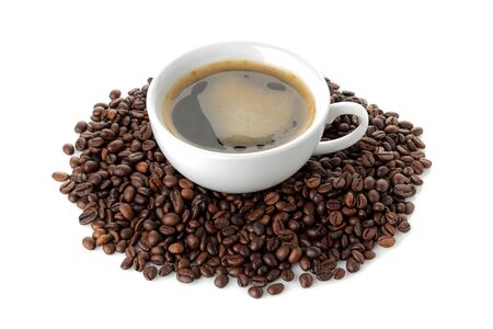 coffee beans in a white cup on a white isolated backgroundの写真素材