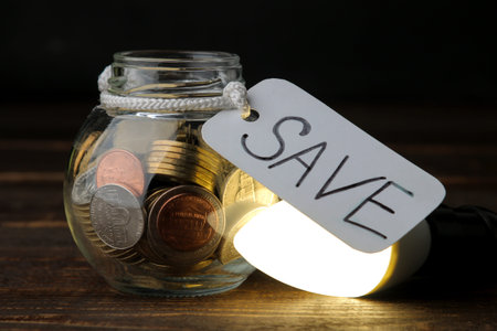 The concept of saving electricity. Money in the bank and economical light bulb on a wooden tableの写真素材