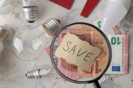 The concept of saving electricity. money and different bulbs close-up with the inscription save....