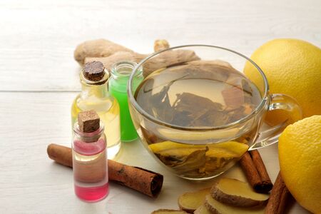 Various medicines for flu and cold remedies on a white wooden table .. Cold. diseases. cold. flu.の写真素材