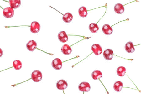 Various bright ripe fresh cherries on white isolated background. top viewの写真素材