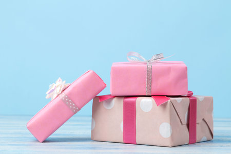 Gift boxes. Gifts on a gentle blue background. Holidays. Valentine's Day. women's day. mother's day....