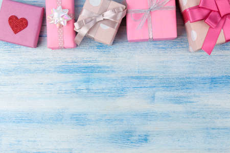 Gift boxes. Gifts on a gentle blue background. view from above. Holidays. Valentine's Day. women's day. mother's day. space for textの写真素材