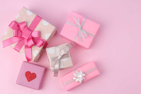 Gift boxes. Gifts on a gentle pink background. view from above. Holidays. Valentine's Day. women's day. mother's day.の写真素材