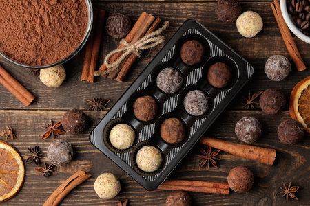 assorted chocolates. candy balls of different types of chocolate on a brown wooden table. cinnamon...