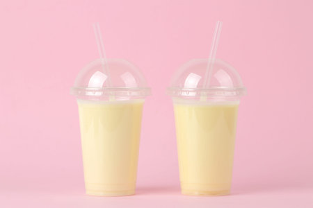 Making a milkshake. plastic disposable glass with a banana milkshake on a bright trendy pink...