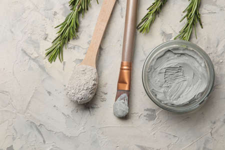 Cosmetic clay. clay facial mask on a light background. different types of clay. natural cosmetics for cosmetic procedures. Beauty concept. top viewの写真素材