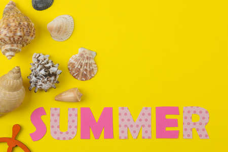 Inscription summer from paper of multi-colored letters and seashells on a bright yellow background. Summer relaxation. vacation.の写真素材
