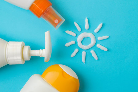 sunscreen remedy. various sunscreens and sun cream on a bright blue background. Sun protection....