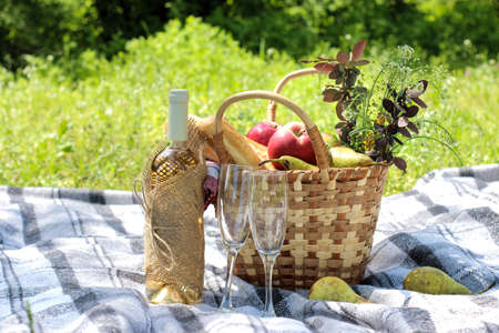 Camping Picnic basket with wine fruit and other products on a gray plaid in the grass.の写真素材