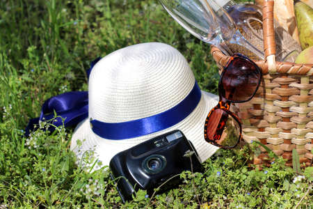 Camping Picnic in nature. Picnic basket with wine fruit and other products in the thick green grass. Summer restの写真素材