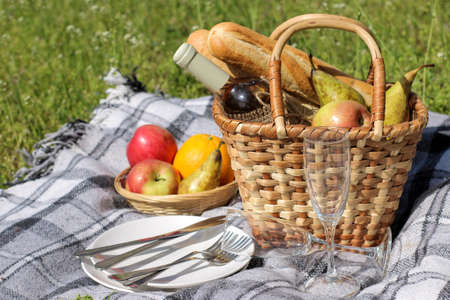 Camping Picnic basket with wine fruit and other products on a gray plaid in the grass.の写真素材