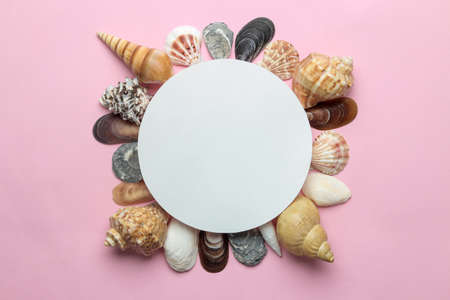 Summer frame. Paper frame for your text and seashells on a gentle pink background. top viewの写真素材