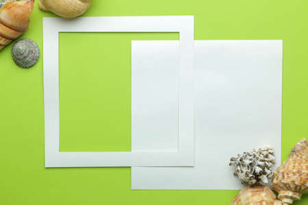 Summer frame. Paper frame for your text and seashells on a bright green background. top viewの写真素材
