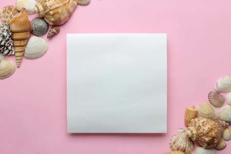 Summer frame. Paper frame for your text and seashells on a gentle pink background. top viewの写真素材