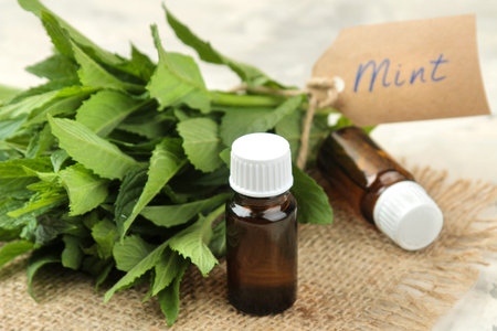 Mint. Leaves and branches of fresh green wild mint with a sign with the text and aroma oil on a wooden natural table.の写真素材