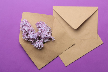 Craft envelope with a sprig of lilac on a bright trendy lilac background. top view
