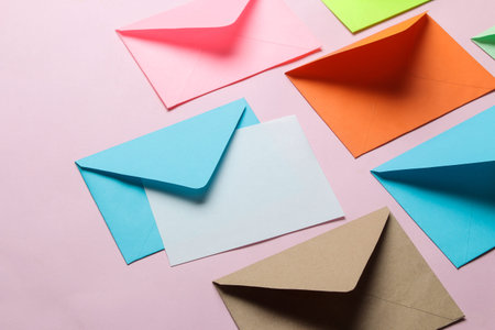 Multicolored envelope with blank for text on a bright trendy pink background. free space.