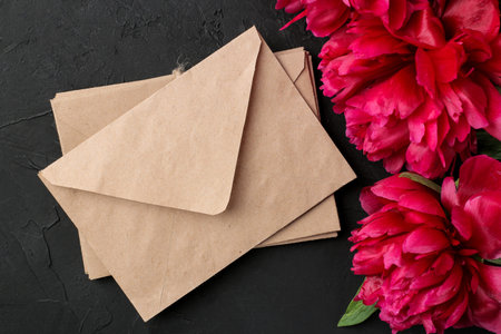 Beautiful bright pink flowers peonies and a stack of envelopes on a black graphite background. top...