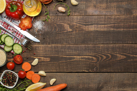 Ingredients for cooking salad. Various vegetables and spices carrots, tomatoes, cucumbers, peppers...