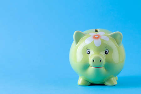 Green pig money box on a bright blue background. Finance, savings, money. space for textの写真素材