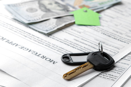 mortgage application. Key with house key fob and blank and money on a brown wooden table. concept of...
