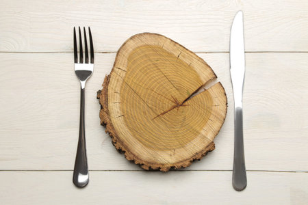 table setting. cutlery. Fork, knife and wooden stand on a white wooden table. top view