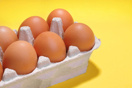 Brown chicken eggs in a tray for eggs on a bright yellow background