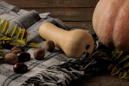 Autumn composition with a pumpkin plaid and chestnut trees on a wooden brown table.の写真素材