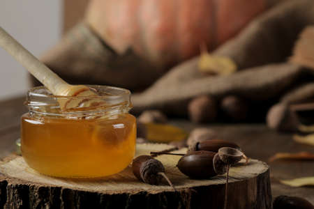 Autumn composition with honey close-up and acorns on a wooden stand on a brown wooden tableの写真素材