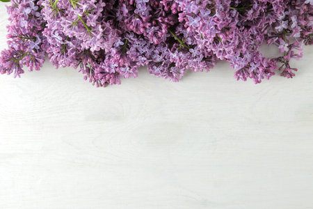 spring flowers. Frame of twigs of blooming lilac on a white wooden table. top view. place for textの写真素材