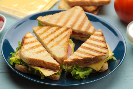 Sandwich on a plate with ham, cheese and tomato on a blue background.の写真素材