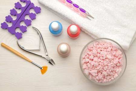 Tools for manicure and pedicure nail polishes and sea saltの写真素材