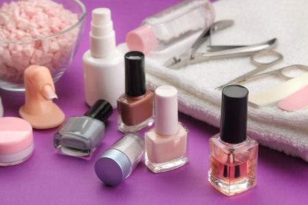 Cuticle oil, gel varnishes and tools for manicure and pedicure. hand and nail careの写真素材