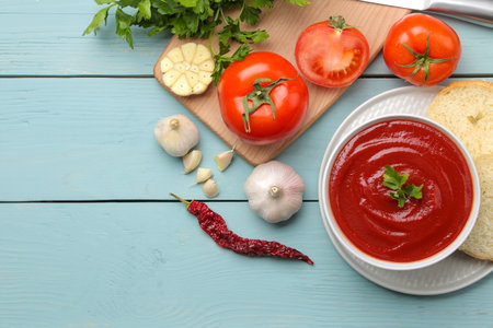 Tomato soup and ingredients for cooking, tomatoes and garlic, oil and spices. top view.の写真素材