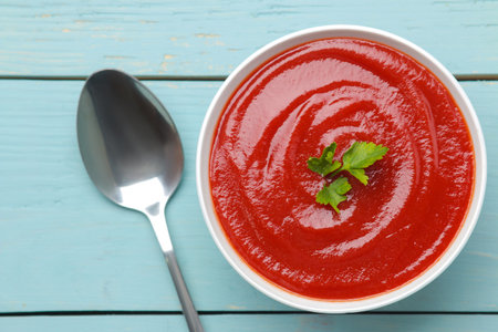 Tomato soup with herbs in a white bowl with a spoon on a blue wooden table.の写真素材