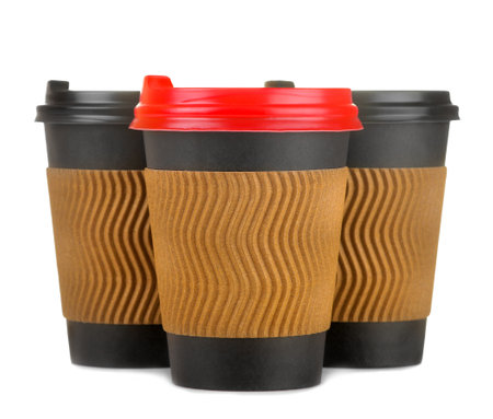 coffee to go. Several paper coffee cups on a white isolated background.の写真素材