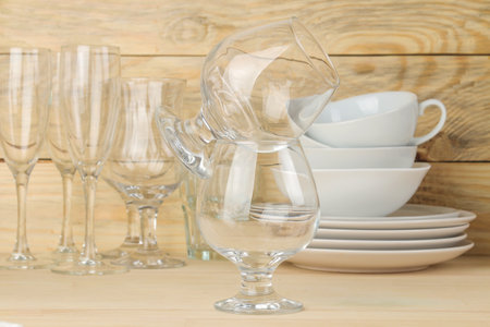 Tableware on a wooden background. clean tableware.の写真素材