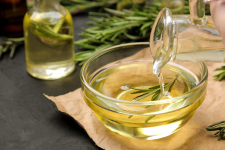 Natural rosemary essential oil in a glass bottle and a fresh sprig of rosemary on a black background. face and body skincare. spa.の写真素材