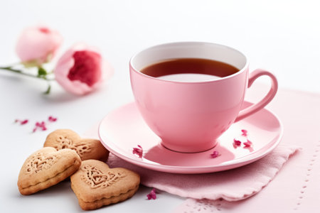 Valentine's Day, tea in a pink cup and heart cookies, on a delicate pink background with flowers. Romantic evening for Valentine's Dayの素材