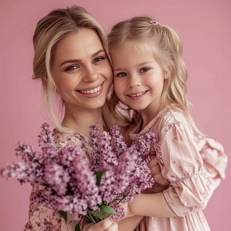 Portrait of a happy mother and little daughter with a bouquet of lilacs on a pink background. International Women's Dayの素材