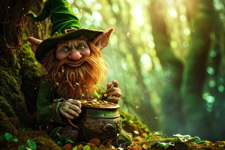 St.Patrick's Day. fairy leprechaun sits under a tree in the forest with a pot of goldの素材