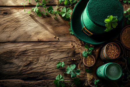 St.Patrick's Day. gold, leprechaun hat and clover and a can of beer on a wooden table. top viewの素材