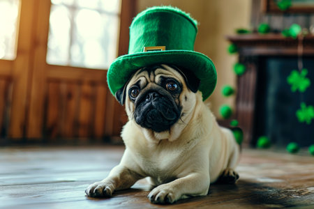 St.Patrick's Day. Pug dog sitting in a green leprechaun hatの素材