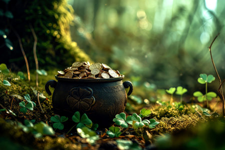 St.Patrick's Day. A leprechaun pot of gold and clover stands in the forest under a treeの素材