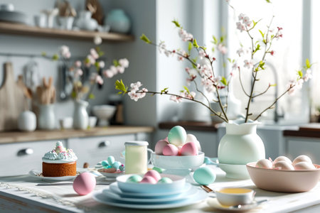 Easter. Easter eggs and Easter cake on the table in a bright home interiorの素材
