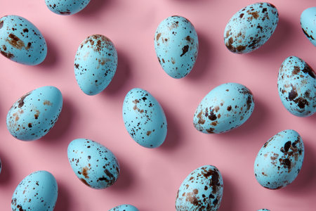 Easter. Blue Easter eggs on a pink background. top viewの素材