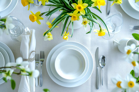 table setting. Plates and cutlery with spring flowers daffodils on a light tableの素材