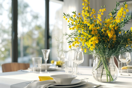 table setting. Bouquet of mimosa in a vase, plates and cutlery on a light tableの素材